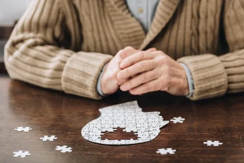 patient putting together a head puzzle in nursing home